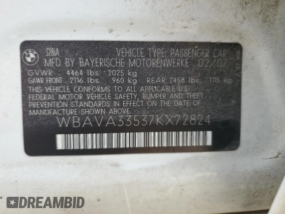 2007 BMW 3 Series 328i with VIN WBAVA33537KX72824, listed as a Copart auction lot 53803445 with Not Provided miles and Clean Title. Bid and sale history available at DreamBid. Image 12.