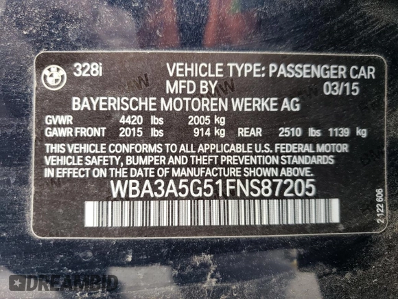 2015 BMW 3 Series 328i with VIN WBA3A5G51FNS87205, listed as a Copart auction lot 47498005 with 65,523 mi miles and Salvage Title. Bid and sale history available at DreamBid. Image 14.