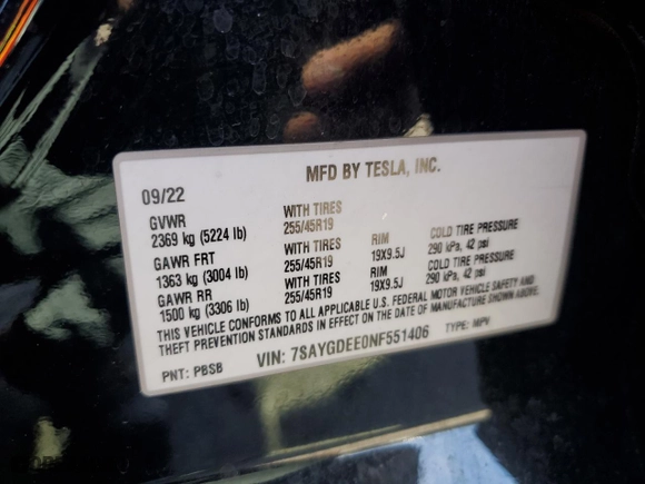 2022 Tesla Model Y Long Range with VIN 7SAYGDEE0NF551406, listed as a Copart auction lot 45467165 with 34,905 mi miles and Salvage Title. Bid and sale history available at carsss.com. Image 16.
