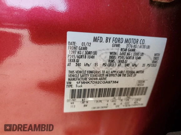 2012 Ford Explorer XLT with VIN 1FMHK7D92CGA97384, listed as a Copart auction lot 54095285 with 159,689 mi miles and Clean Title. Bid and sale history available at DreamBid. Image 13.