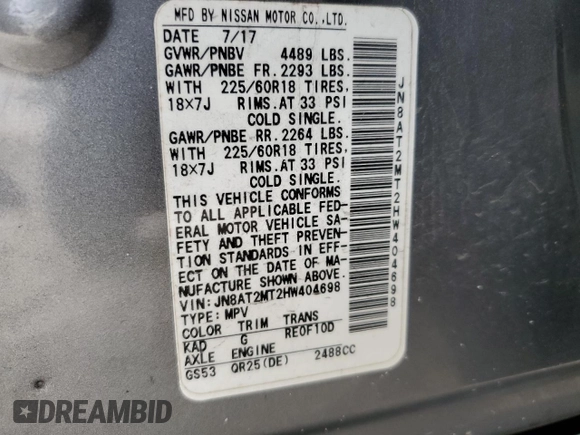 2017 Nissan Rogue S z VIN JN8AT2MT2HW404698, wystawiony jako Copart lot #58554905 z przebiegiem 146 650 mil mil oraz Szkoda całkowita • Salvage title. Historia ofert i sprzedaży dostępna na DreamBid. Obrazek 13.