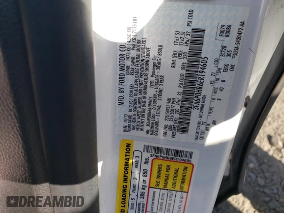 2014 Ford Fusion SE with VIN 3FA6P0HR6ER194605, listed as a Copart auction lot 47574245 with 237,316 mi miles and Salvage Title. Bid and sale history available at carsss.com. Image 12.