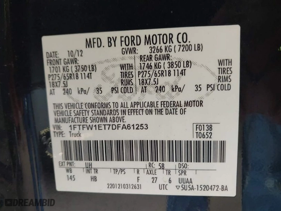2013 Ford F-150 XL with VIN 1FTFW1ET7DFA61253, listed as a IAAI auction lot 41919968 with 189,606 mi miles. Bid and sale history available at carsss.com. Image 9.