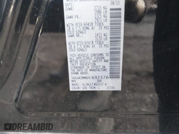 2015 Nissan Pathfinder Platinum z VIN 5N1AR2MM6FC692576, wystawiony jako IAAI lot #41672223 z przebiegiem 83 083 mil mil oraz . Historia ofert i sprzedaży dostępna na DreamBid. Obrazek 9.