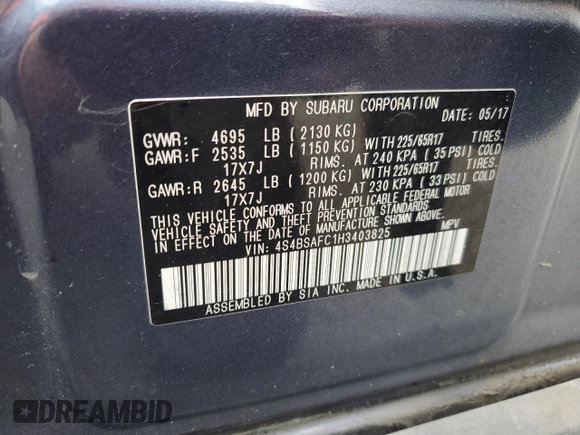 2017 Subaru Outback Premium with VIN 4S4BSAFC1H3403825, listed as a Copart auction lot 62477475 with 85,900 mi miles and Salvage title. Bid and sale history available at DreamBid. Image 14.