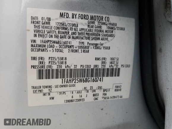 2008 Ford Taurus Limited with VIN 1FAHP25W68G160741, listed as a Copart auction lot 50693785 with 367,975 mi miles and Salvage Title. Bid and sale history available at DreamBid. Image 12.