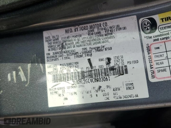 2012 Lincoln MKZ with VIN 3LNHL2GC4CR803061, listed as a Copart auction lot 63037905 with 149,235 mi miles and Salvage title. Bid and sale history available at DreamBid. Image 12.