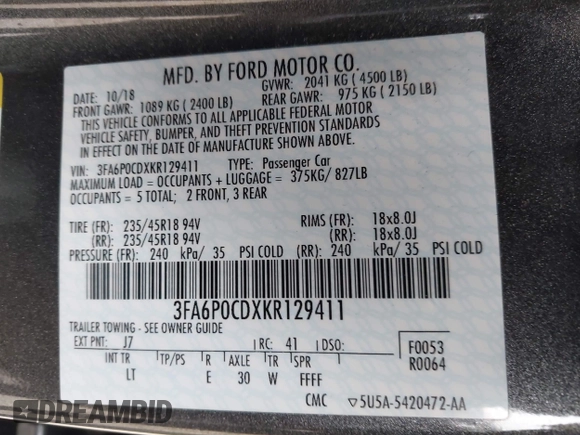 2019 Ford Fusion SEL with VIN 3FA6P0CDXKR129411, listed as a IAAI auction lot 42082323 with 126,048 mi miles and . Bid and sale history available at DreamBid. Image 9.