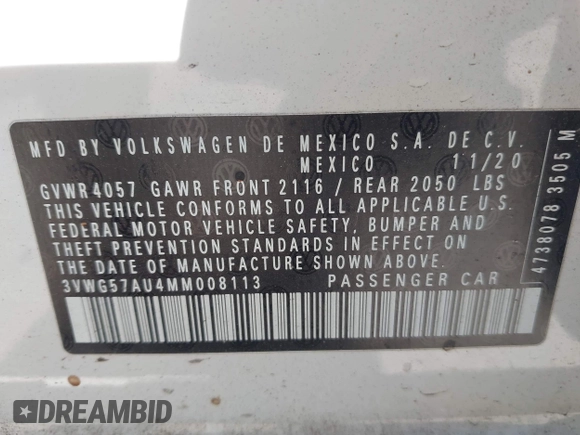 2021 Volkswagen Golf TSI z VIN 3VWG57AU4MM008113, wystawiony jako IAAI lot #42053444 z przebiegiem 24 449 mil mil oraz . Historia ofert i sprzedaży dostępna na DreamBid. Obrazek 9.