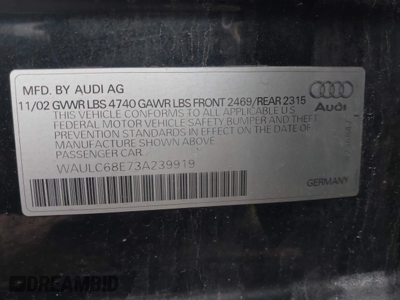 2003 Audi A4 1.8T with VIN WAULC68E73A239919, listed as a IAAI auction lot 41736041 with 999,999 mi miles. Bid and sale history available at carsss.com. Image 9.