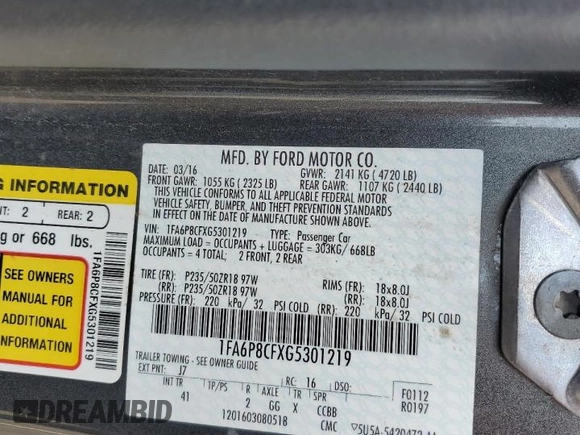 2016 Ford Mustang GT with VIN 1FA6P8CFXG5301219, listed as a Copart auction lot 54353695 with 86,029 mi miles and Salvage Title. Bid and sale history available at DreamBid. Image 13.