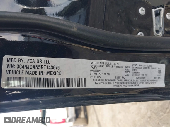 2024 Jeep Compass Sport с VIN 3C4NJDAN5RT143675, выставлен на аукционе IAAI как лот 41642160 с пробегом 5 663 миль миль и . История ставок и продаж доступна на DreamBid. Изображение 9.