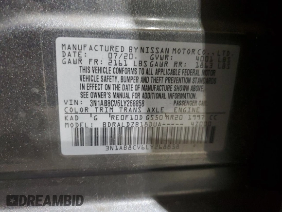 2020 Nissan Sentra SV with VIN 3N1AB8CV6LY268858, listed as a Copart auction lot 42423155 with 92,426 mi miles and Salvage Title. Bid and sale history available at carsss.com. Image 15.
