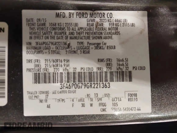 2016 Ford Fusion S with VIN 3FA6P0G79GR221363, listed as a IAAI auction lot 41887428 with 183,182 mi miles and . Bid and sale history available at DreamBid. Image 9.