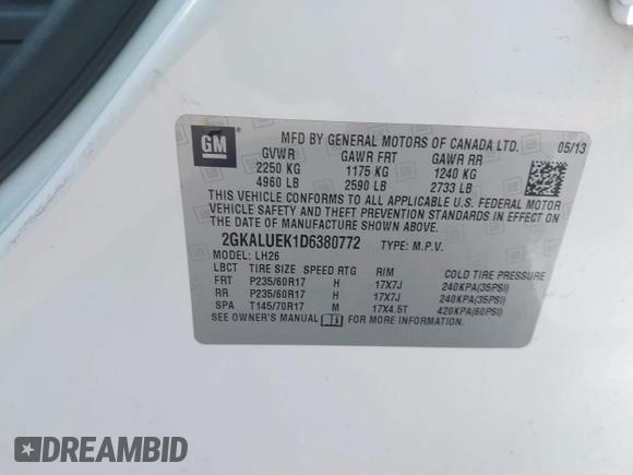 2013 GMC Terrain SLT z VIN 2GKALUEK1D6380772, wystawiony jako IAAI lot #42598345 z przebiegiem Nie podano mil oraz . Historia ofert i sprzedaży dostępna na DreamBid. Obrazek 9.