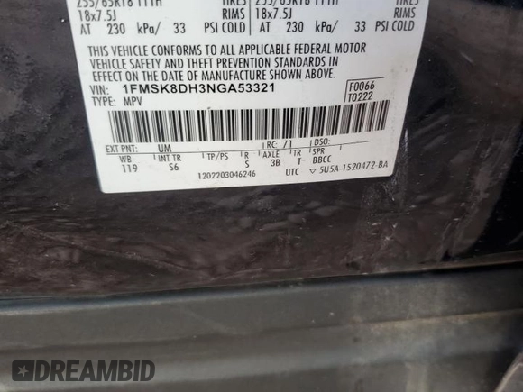 2022 Ford Explorer XLT z VIN 1FMSK8DH3NGA53321, wystawiony jako Copart lot #59983905 z przebiegiem 59 012 mil mil oraz Szkoda całkowita • Salvage title. Historia ofert i sprzedaży dostępna na DreamBid. Obrazek 13.