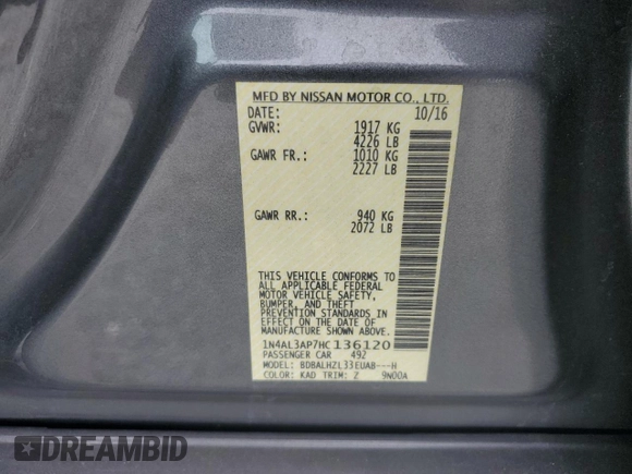 2017 Nissan Altima SR z VIN 1N4AL3AP7HC136120, wystawiony jako Copart lot #57295125 z przebiegiem 84 300 mil mil oraz Szkoda całkowita • Salvage title. Historia ofert i sprzedaży dostępna na DreamBid. Obrazek 12.