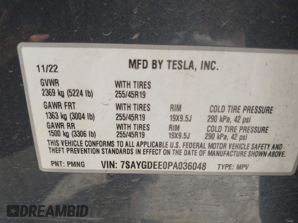 2023 Tesla Model Y Long Range with VIN 7SAYGDEE0PA036048, listed as a IAAI auction lot 41775845 with 41,291 mi miles. Bid and sale history available at carsss.com. Image 9.