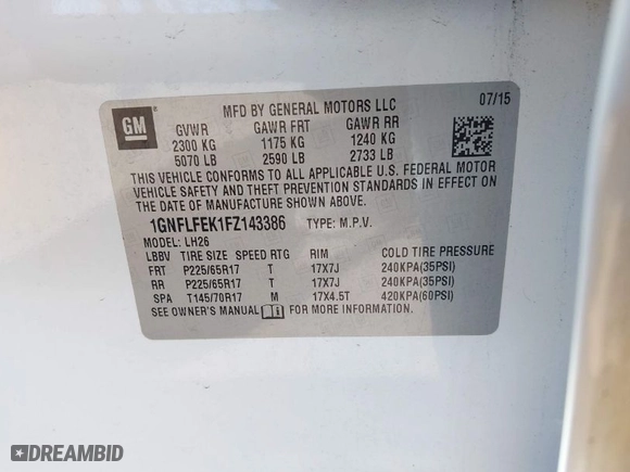 2015 Chevrolet Equinox LT with VIN 1GNFLFEK1FZ143386, listed as a IAAI auction lot 41989137 with 116,364 mi miles. Bid and sale history available at carsss.com. Image 9.