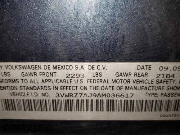 2010 Volkswagen Jetta Limited Edition with VIN 3VWRZ7AJ9AM036617, listed as a Copart auction lot 55906975 with 191,093 mi miles and Salvage title. Bid and sale history available at DreamBid. Image 12.