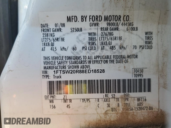 2008 Ford F-250 XL with VIN 1FTSW20R88ED18528, listed as a Copart auction lot 57080025 with 208,282 mi miles and Salvage title. Bid and sale history available at DreamBid. Image 12.