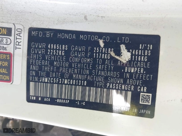2021 Honda Clarity Plug-In Hybrid Touring with VIN JHMZC5F37MC001310, listed as a IAAI auction lot 40843648 with 166,619 mi miles. Bid and sale history available at carsss.com. Image 9.