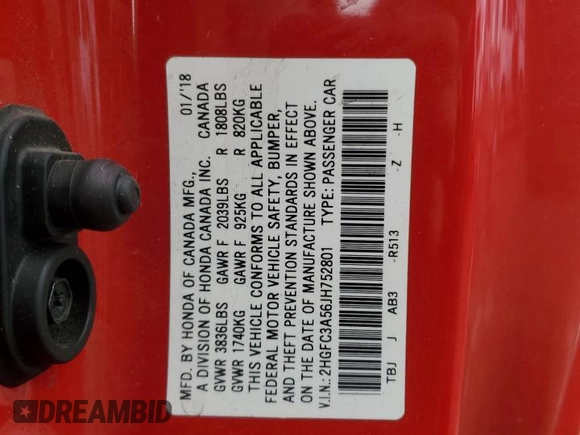 2018 Honda Civic Si z VIN 2HGFC3A56JH752801, wystawiony jako Copart lot #50408255 z przebiegiem 129 575 mil mil oraz Szkoda całkowita • Salvage title. Historia ofert i sprzedaży dostępna na DreamBid. Obrazek 12.