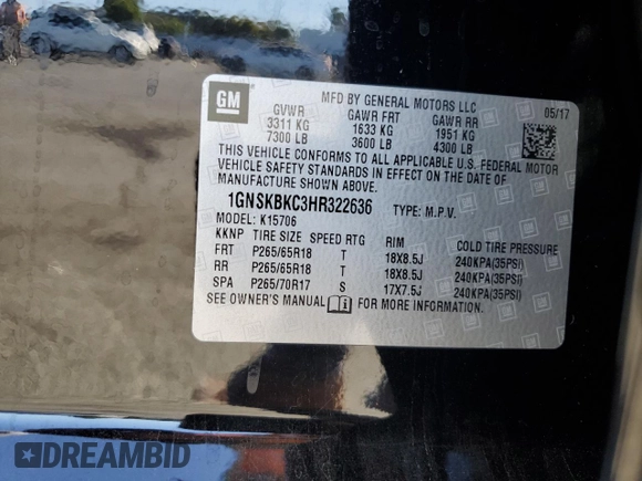 2017 Chevrolet Tahoe LT with VIN 1GNSKBKC3HR322636, listed as a Copart auction lot 60458095 with 140,283 mi miles and Salvage title. Bid and sale history available at DreamBid. Image 13.