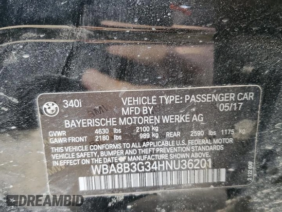 2017 BMW 3 Series 340i with VIN WBA8B3G34HNU36201, listed as a Copart auction lot 49166365 with Not Provided miles and Salvage Title. Bid and sale history available at DreamBid. Image 13.