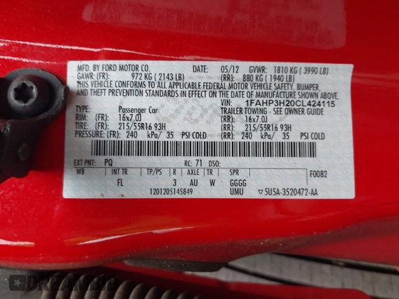 2012 Ford Focus SEL with VIN 1FAHP3H20CL424115, listed as a IAAI auction lot 41913221 with 152,619 mi miles. Bid and sale history available at carsss.com. Image 9.
