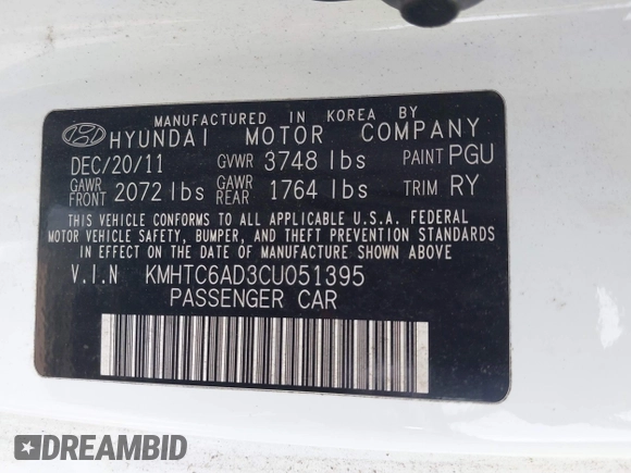 2012 Hyundai Veloster w/Gray Int with VIN KMHTC6AD3CU051395, listed as a IAAI auction lot 42489038 with 153,319 mi miles and . Bid and sale history available at DreamBid. Image 9.