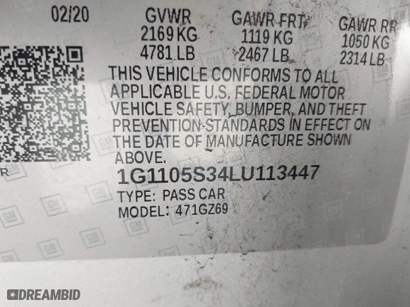 2020 Chevrolet Impala Premier with VIN 1G1105S34LU113447, listed as a IAAI auction lot 41736979 with 1 mi miles. Bid and sale history available at carsss.com. Image 9.