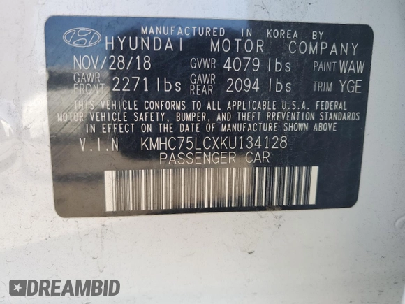 2019 Hyundai Ioniq SEL with VIN KMHC75LCXKU134128, listed as a Copart auction lot 44266015 with 59,390 mi miles and Salvage Title. Bid and sale history available at DreamBid. Image 13.