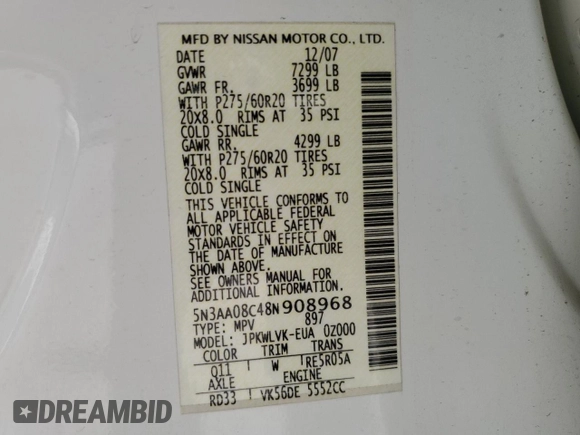 2008 Infiniti QX56 with VIN 5N3AA08C48N908968, listed as a Copart auction lot 53845735 with 166,339 mi miles and Salvage Title. Bid and sale history available at DreamBid. Image 14.