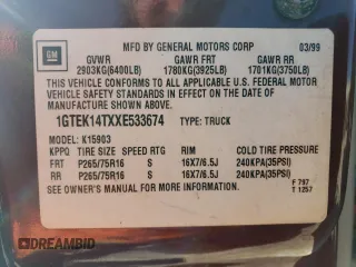 1999 GMC New Sierra 1500 SLE with VIN 1GTEK14TXXE533674, listed as a Copart auction lot 83788244 with 188,751 mi miles and Salvage Title. Bid and sale history available at carsss.com. Image 14.