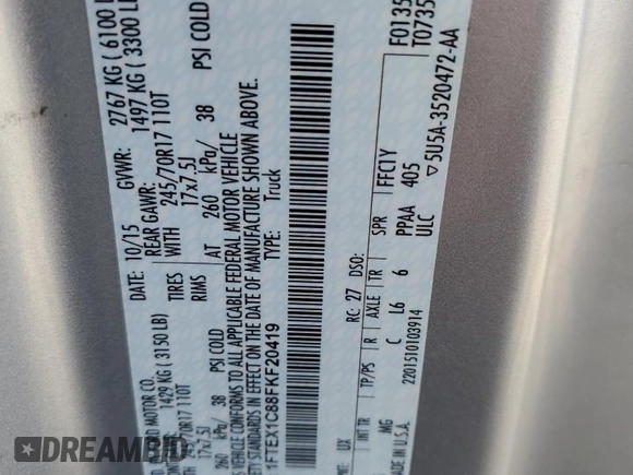 2015 Ford F-150 XL with VIN 1FTEX1C88FKF20419, listed as a Copart auction lot 51571705 with 133,094 mi miles and Salvage Title. Bid and sale history available at carsss.com. Image 12.