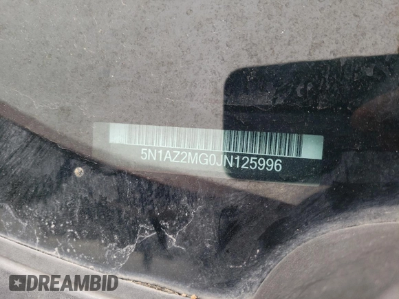 2018 Nissan Murano SL z VIN 5N1AZ2MG0JN125996, wystawiony jako Copart lot #54621635 z przebiegiem 138 144 mil mil oraz Szkoda całkowita • Salvage title. Historia ofert i sprzedaży dostępna na DreamBid. Obrazek 14.