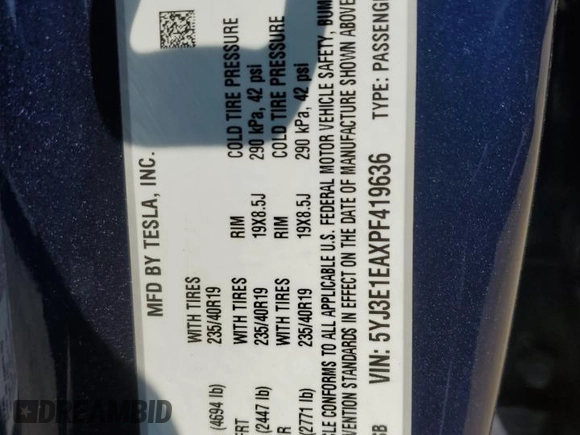 2023 Tesla Model 3 with VIN 5YJ3E1EAXPF419636, listed as a Copart auction lot 59754495 with 14,407 mi miles and Salvage title. Bid and sale history available at DreamBid. Image 12.