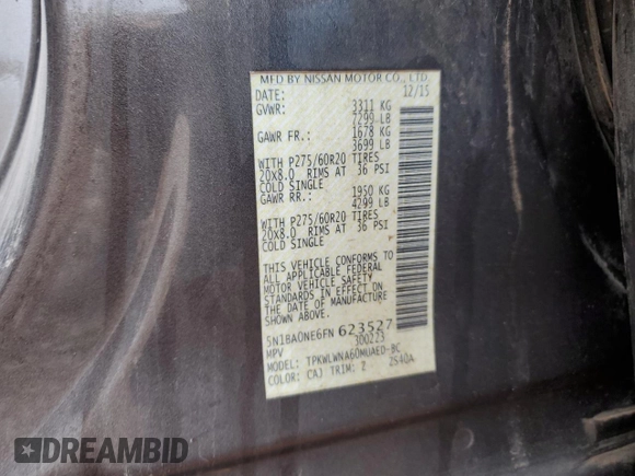 2015 Nissan Armada Platinum z VIN 5N1BA0NE6FN623527, wystawiony jako Copart lot #43061735 z przebiegiem 104 518 mil mil oraz Szkoda całkowita • Salvage title. Historia ofert i sprzedaży dostępna na DreamBid. Obrazek 14.