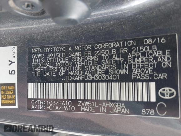 2017 Toyota Prius Two z VIN JTDKARFU3H3030401, wystawiony jako IAAI lot #41882552 z przebiegiem 130 786 mil mil oraz . Historia ofert i sprzedaży dostępna na DreamBid. Obrazek 9.