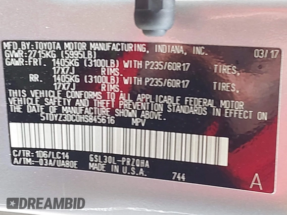 2017 Toyota Sienna XLE Auto Access Seat with VIN 5TDYZ3DC0HS845616, listed as a IAAI auction lot 42027773 with 89,108 mi miles and . Bid and sale history available at DreamBid. Image 9.
