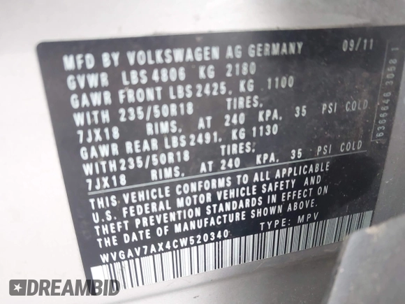 2012 Volkswagen Tiguan SE z VIN WVGAV7AX4CW520340, wystawiony jako IAAI lot #42294414 z przebiegiem 120 009 mil mil oraz . Historia ofert i sprzedaży dostępna na DreamBid. Obrazek 9.