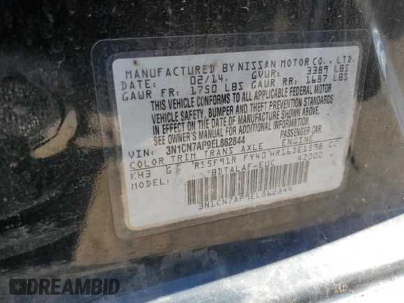2014 Nissan Versa S with VIN 3N1CN7AP9EL862844, listed as a Copart auction lot 77493074 with 82,692 mi miles and Salvage Title. Bid and sale history available at carsss.com. Image 15.