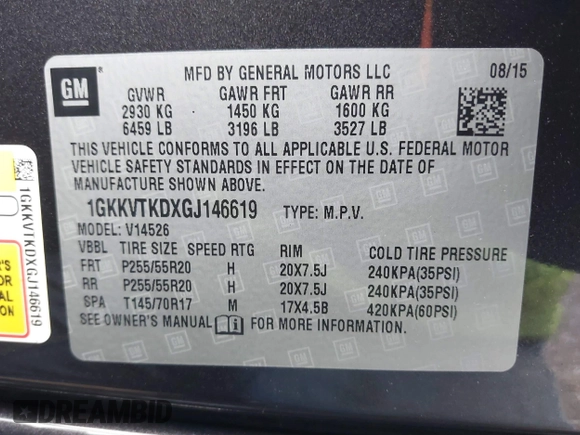 2016 GMC Acadia Denali z VIN 1GKKVTKDXGJ146619, wystawiony jako IAAI lot #39902882 z przebiegiem 123 957 mil mil oraz . Historia ofert i sprzedaży dostępna na DreamBid. Obrazek 9.
