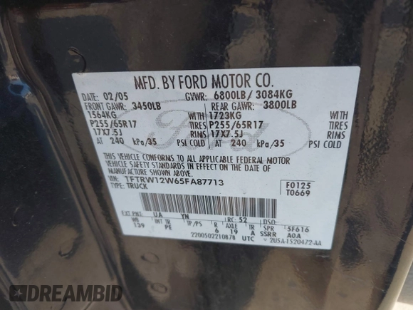 2005 Ford F-150 XLT z VIN 1FTRW12W65FA87713, wystawiony jako IAAI lot #42022705 z przebiegiem 197 781 mil mil oraz . Historia ofert i sprzedaży dostępna na DreamBid. Obrazek 9.
