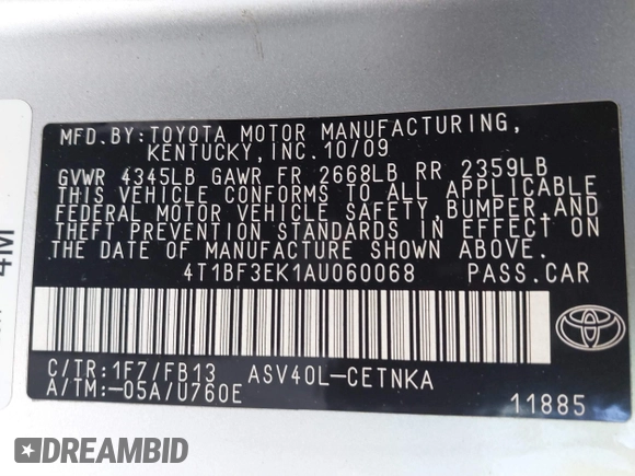 2010 Toyota Camry with VIN 4T1BF3EK1AU060068, listed as a IAAI auction lot 41769623 with 189,099 mi miles and . Bid and sale history available at DreamBid. Image 9.