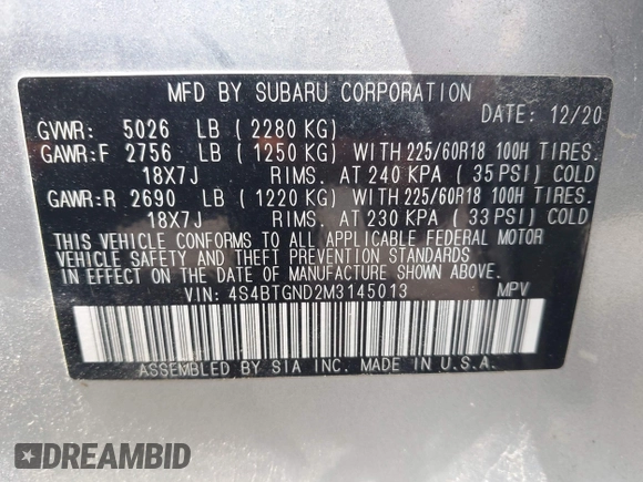 2021 Subaru Outback Limited XT with VIN 4S4BTGND2M3145013, listed as a IAAI auction lot 42626040 with 56,189 mi miles and . Bid and sale history available at DreamBid. Image 9.