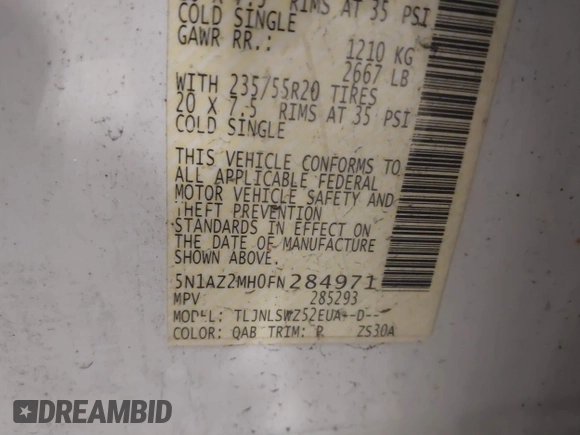 2015 Nissan Murano Platinum with VIN 5N1AZ2MH0FN284971, listed as a IAAI auction lot 41825061 with 108,391 mi miles and . Bid and sale history available at DreamBid. Image 9.