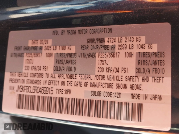 2024 Mazda CX-5 2.5 S Preferred Package with VIN JM3KFBCL6R0469915, listed as a IAAI auction lot 41730847 with 12,153 mi miles. Bid and sale history available at carsss.com. Image 9.