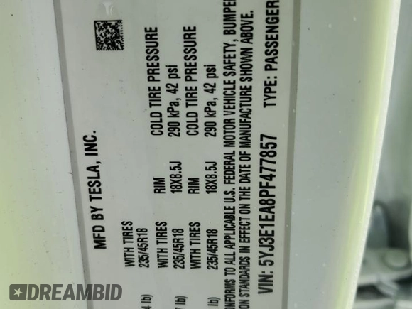 2023 Tesla Model 3 with VIN 5YJ3E1EA8PF477857, listed as a Copart auction lot 44958805 with 0 mi miles and Salvage Title. Bid and sale history available at carsss.com. Image 15.